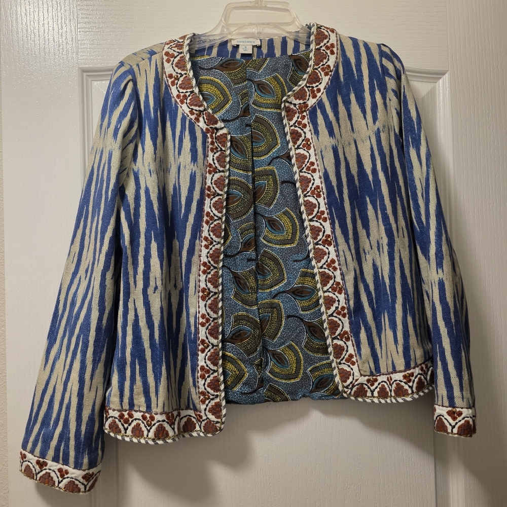Sundance Amara Blue Blazer Open Jacket Cotton Size M Boho
